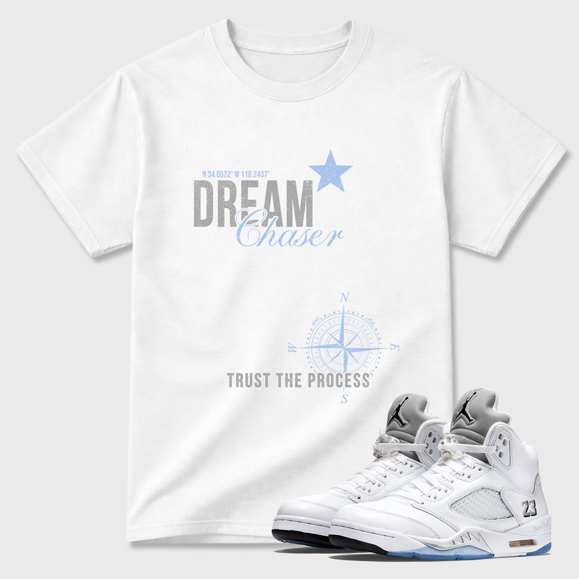 Sneaker match tees – Sneaker Tees To Match Air Jordan 5 White Metallic Shoes – Dream Chaser Tee White 1