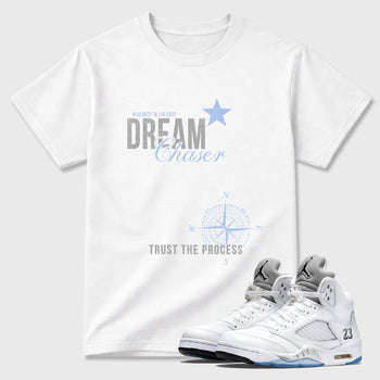 Sneaker match tees – Sneaker Tees To Match Air Jordan 5 White Metallic Shoes – Dream Chaser Tee White 1