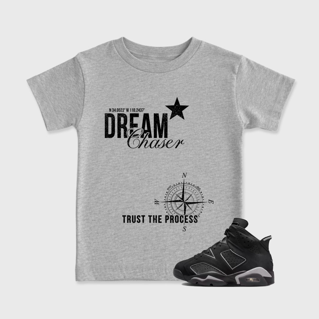 Sneaker match tees – Sneaker Tees To Match Air Jordan 6 Cap and Gown Shoes – Dream Chaser Kids T-Shirt Heather Grey 1