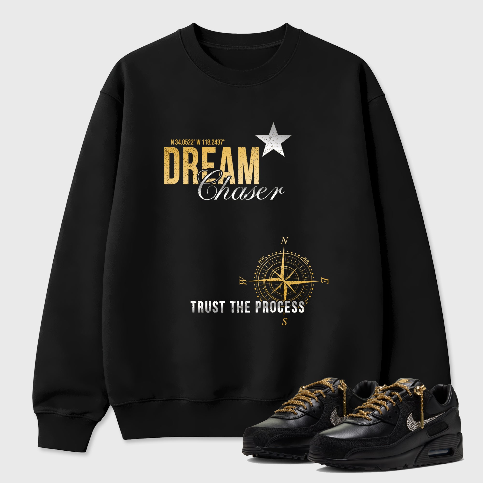 Dream Chaser Graphic T-Shirt featuring original streetwear artwork designed to match the Air Max 90 Trophies. Black 1 Graphic Tee.