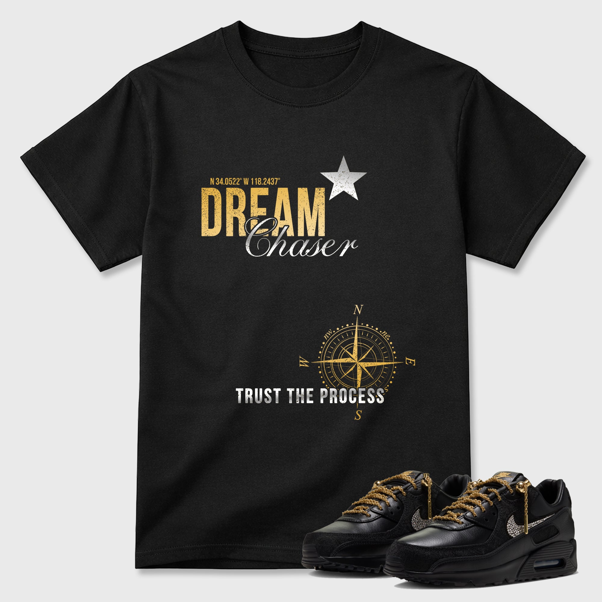 Dream Chaser Graphic T-Shirt featuring original streetwear artwork designed to match the Air Max 90 Trophies. Black 1 Graphic T-Shirt.