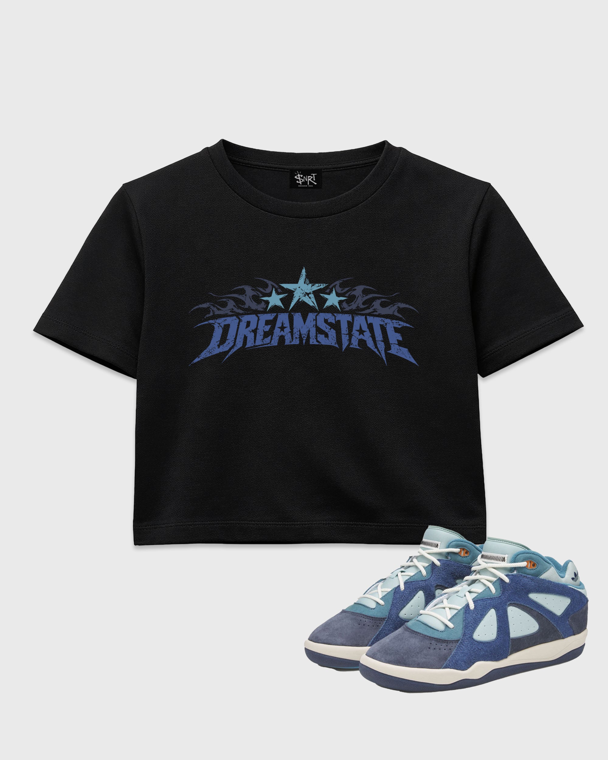Dream State women’s crop tee designed to match the Bad Bunny x Badbo 1.0 Night Navy, featuring coordinated Black 1 options for a perfect streetwear vibe.