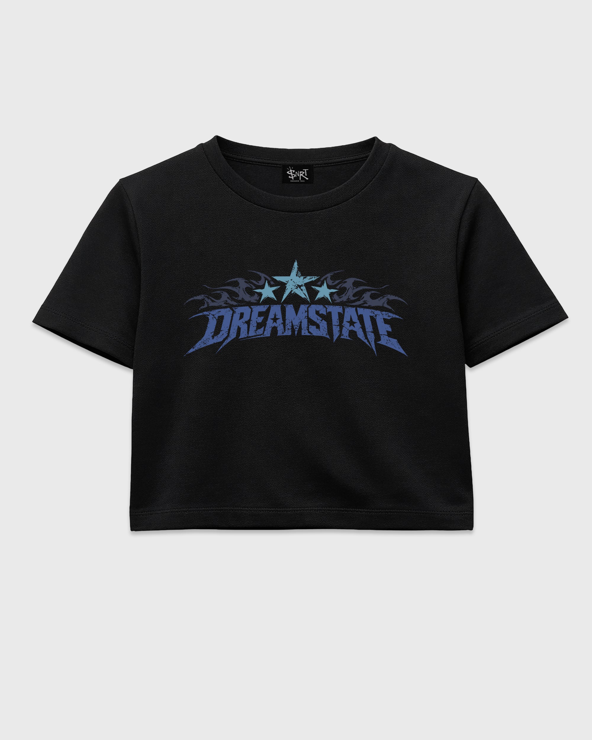 Dream State women’s crop tee designed to match the Bad Bunny x Badbo 1.0 Night Navy, featuring coordinated Black 2 options for a perfect streetwear vibe.