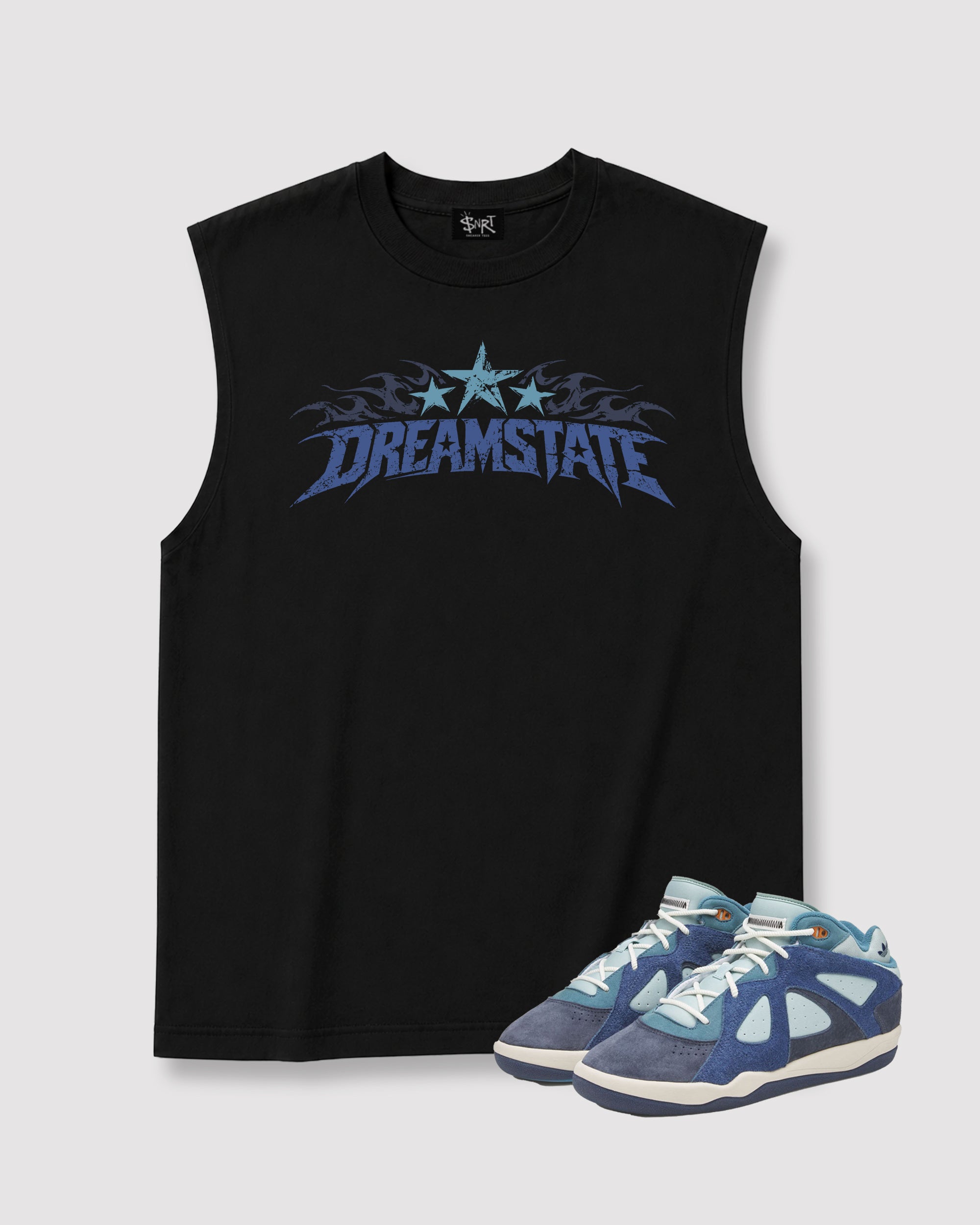 Dream State men's graphic muscle t-shirt designed to match the Bad Bunny x Badbo 1.0 Night Navy, featuring coordinated Black 1 graphics for the perfect streetwear look.