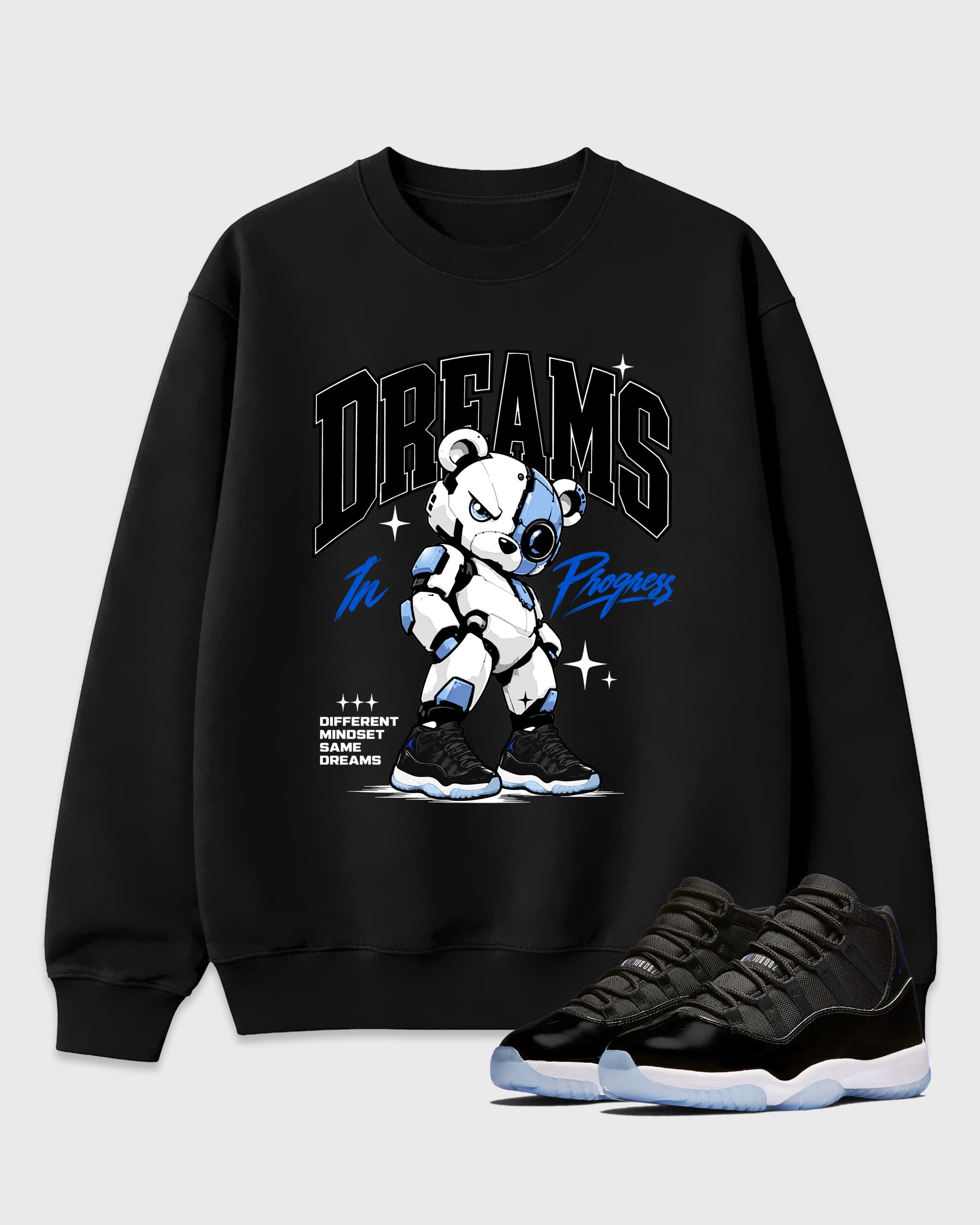 Dreams In Progress Graphic T-Shirt featuring original streetwear artwork designed to match the Air Jordan 11 Space Jam. Black 1 Graphic Tee.