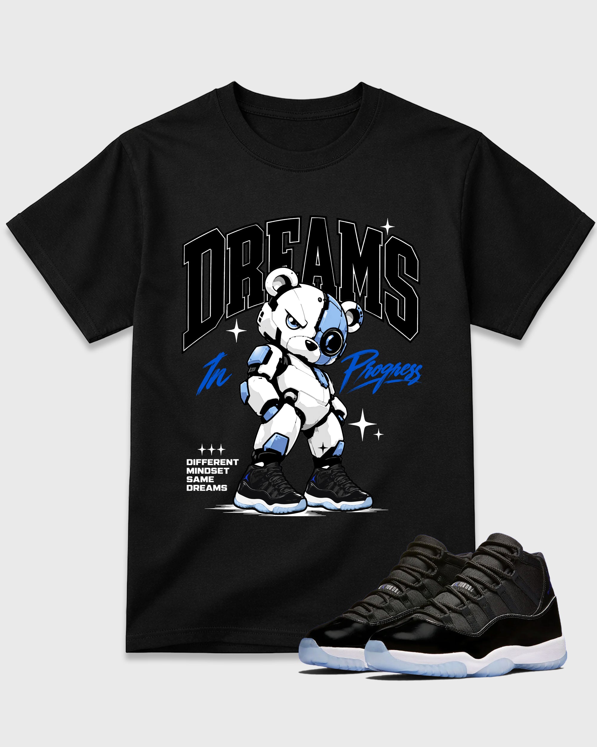 Dreams In Progress Graphic T-Shirt featuring original streetwear artwork designed to match the Air Jordan 11 Space Jam. Black 1 Graphic T-Shirt.
