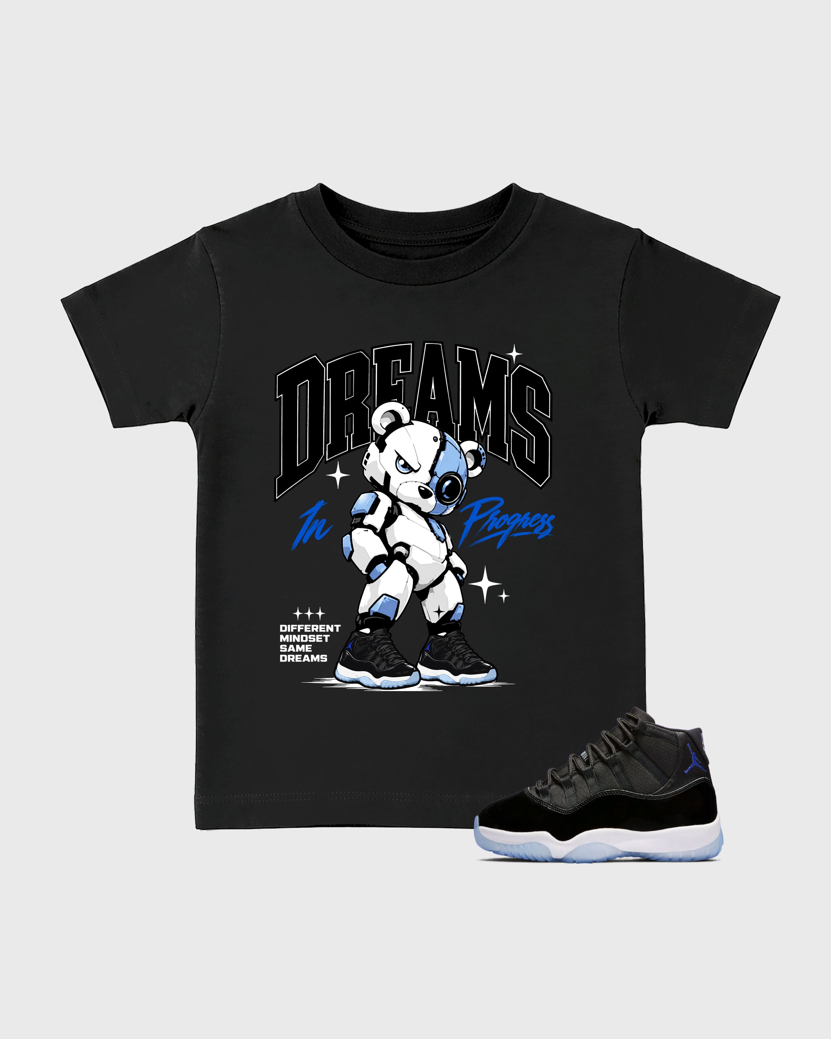 Dreams In Progress Baby & Kids Graphic T-Shirt featuring original artwork designed to match the Air Jordan 11 Space Jam. Black 1 Kids Graphic Tee.