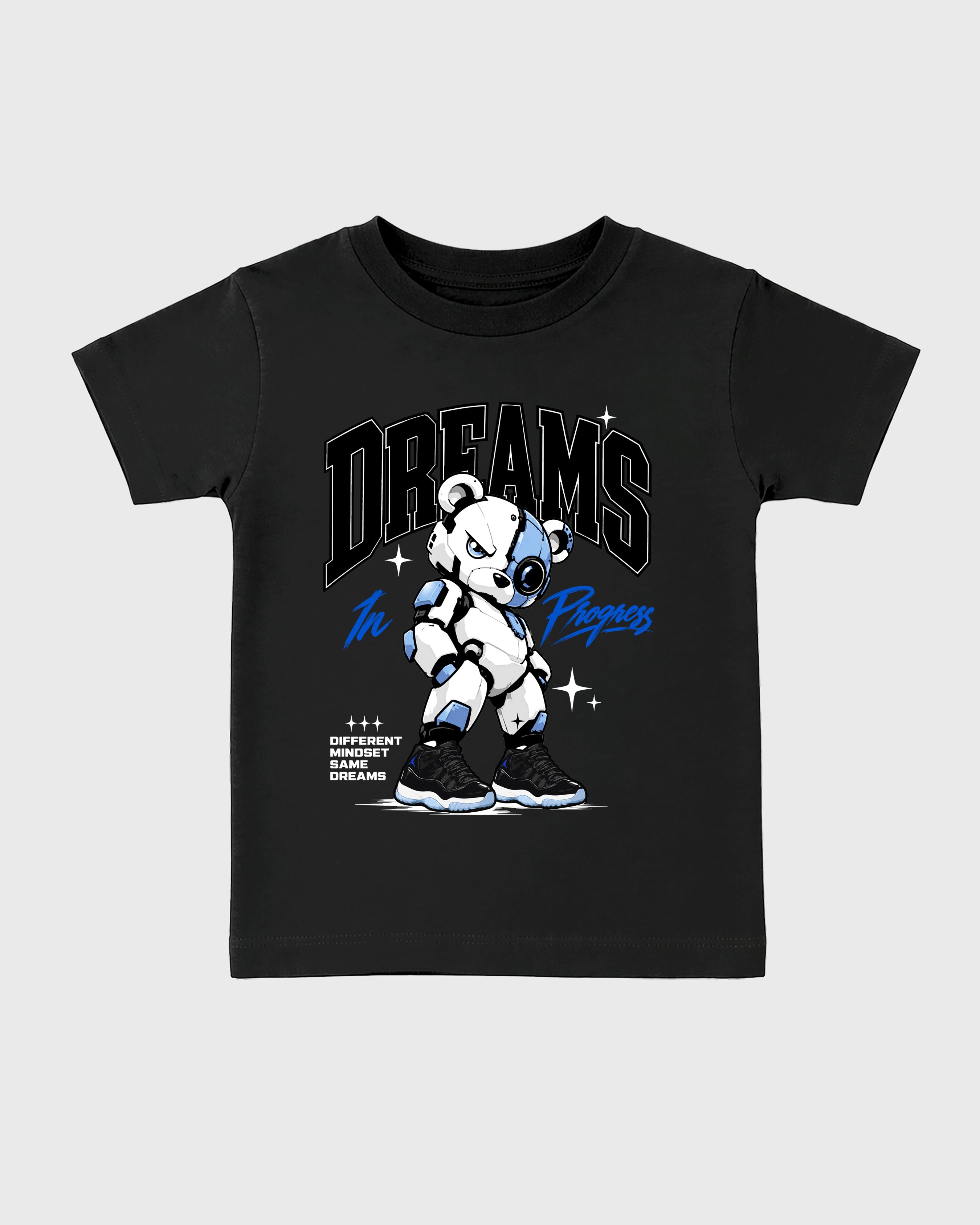 Dreams In Progress Baby & Kids Graphic T-Shirt featuring original artwork designed to match the Air Jordan 11 Space Jam. Black 2 Kids Graphic Tee.