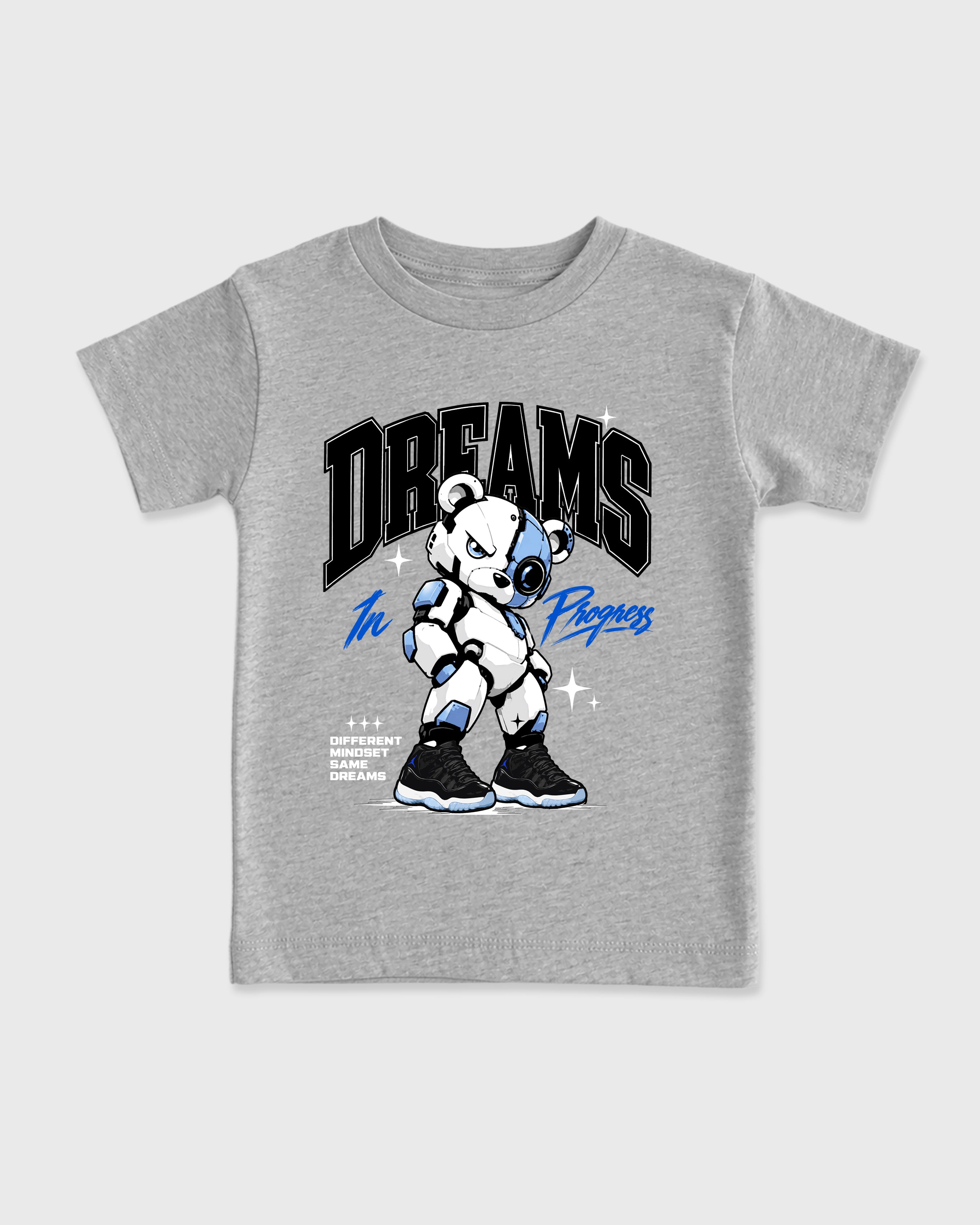 Dreams In Progress Baby & Kids Graphic T-Shirt featuring original artwork designed to match the Air Jordan 11 Space Jam. Heather Grey 2 Kids Graphic Tee.