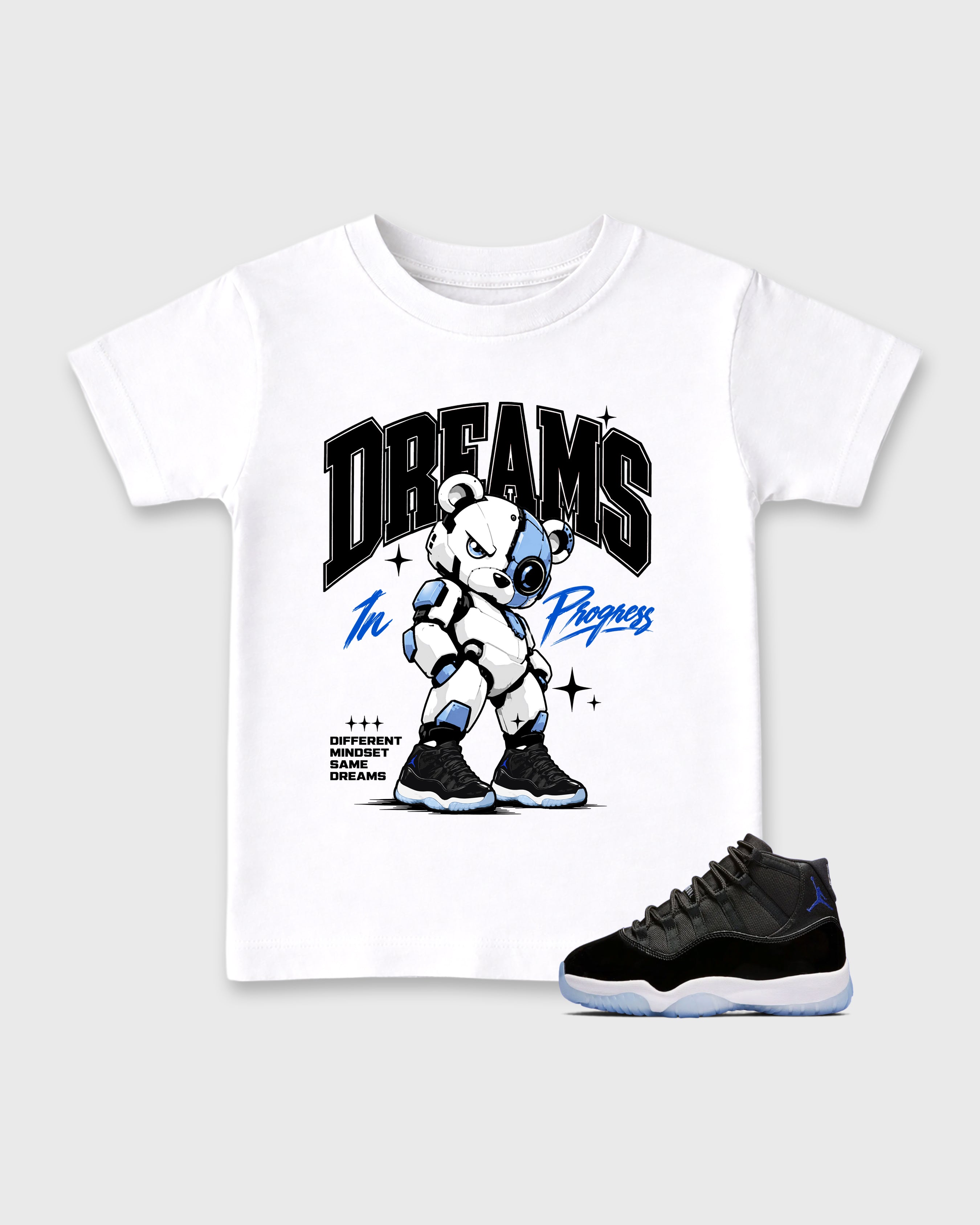 Dreams In Progress Baby & Kids Graphic T-Shirt featuring original artwork designed to match the Air Jordan 11 Space Jam. White 1 Kids Graphic Tee.