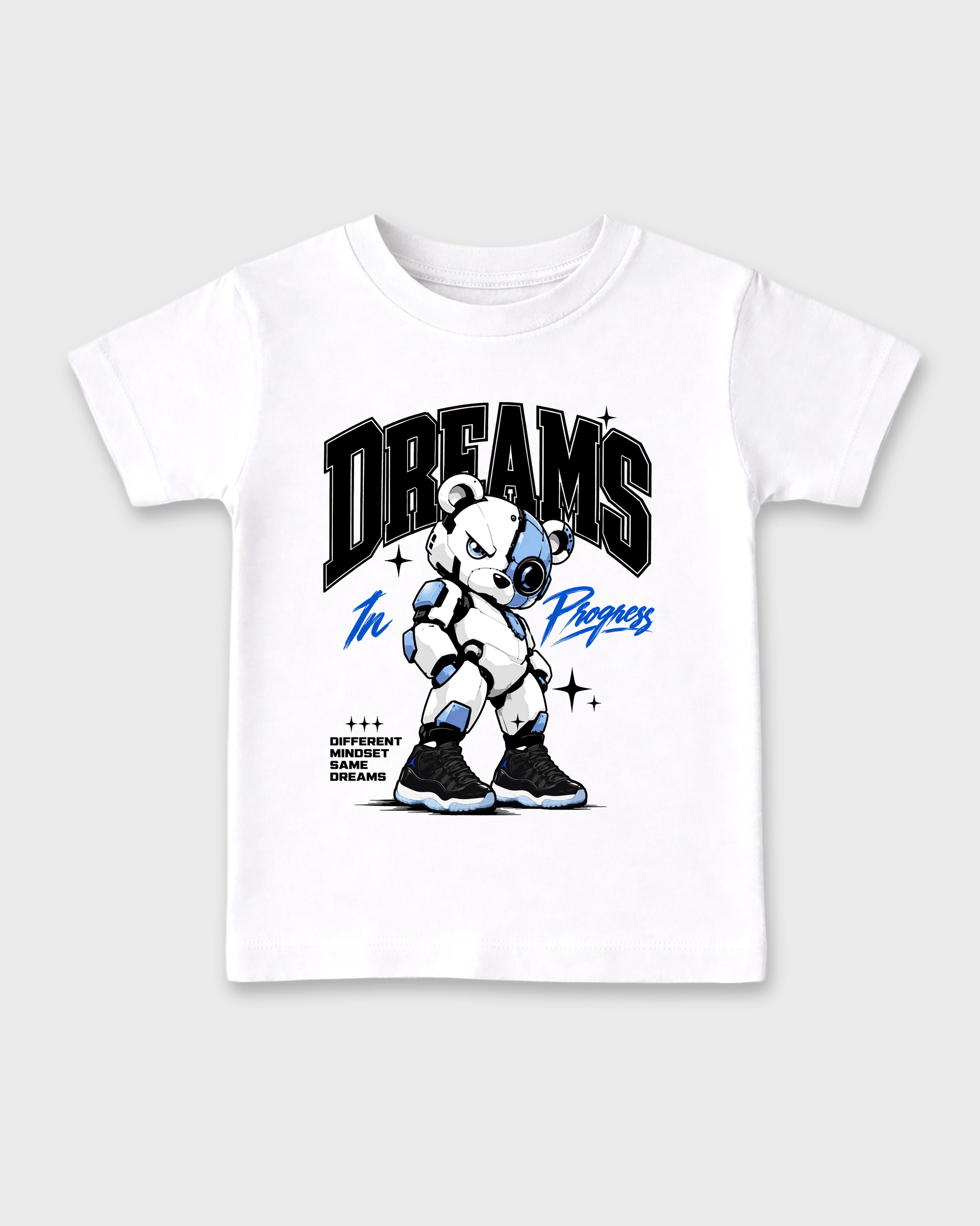 Dreams In Progress Baby & Kids Graphic T-Shirt featuring original artwork designed to match the Air Jordan 11 Space Jam. White 2 Kids Graphic Tee.