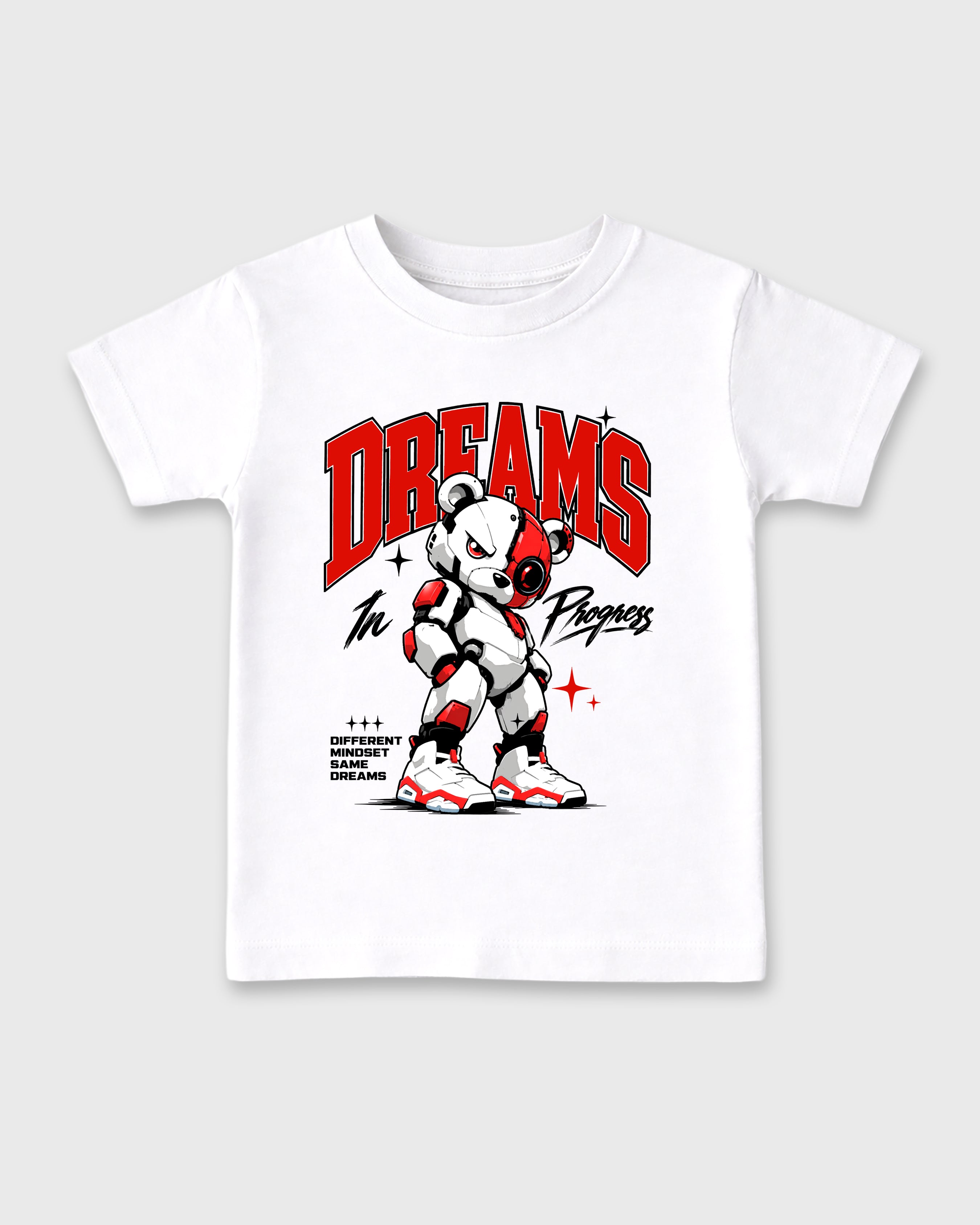 Dreams In Progress Baby & Kids Graphic T-Shirt featuring original artwork designed to match the Air Jordan 6 White Infrared. White 2 Kids Graphic Tee.