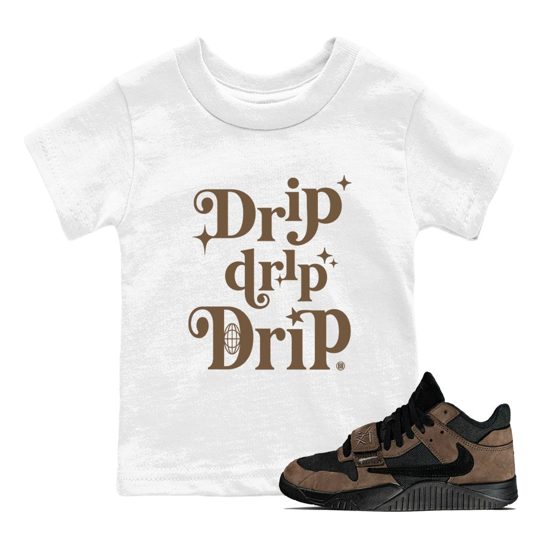 Jordan Jumpman Jack Travis Scott Dark Mocha shirts to match jordans Drip Drip Drip sneaker match tees Jordan Jumpman Jack Travis Scott Dark Mocha match shoes to clothes SNRT Sneaker Tees Youth Baby White 1 tee