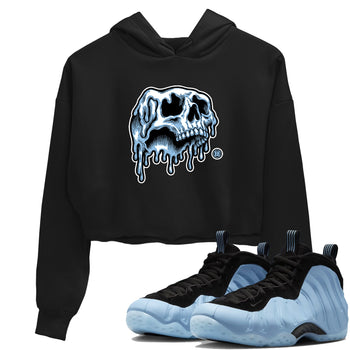 Drip Skull womens crop tee made to vibe with the Air Foamposite One Psychic Blue sneakers — the perfect match in Black 1.