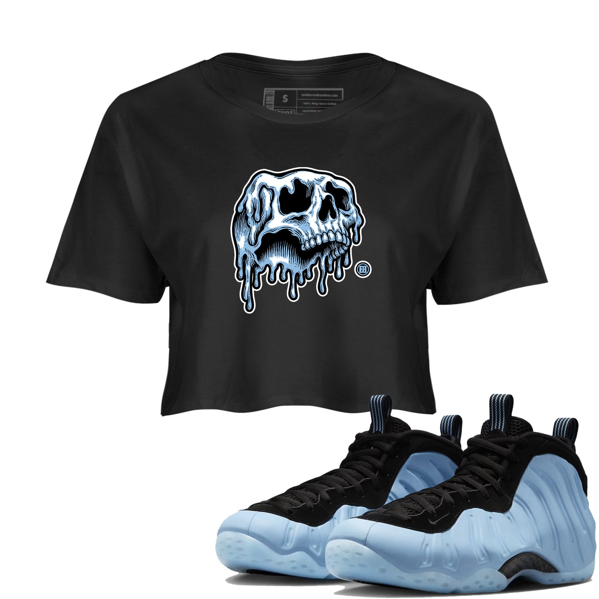Drip Skull womens crop tee made to vibe with the Air Foamposite One Psychic Blue sneakers — the perfect match in Black 1.