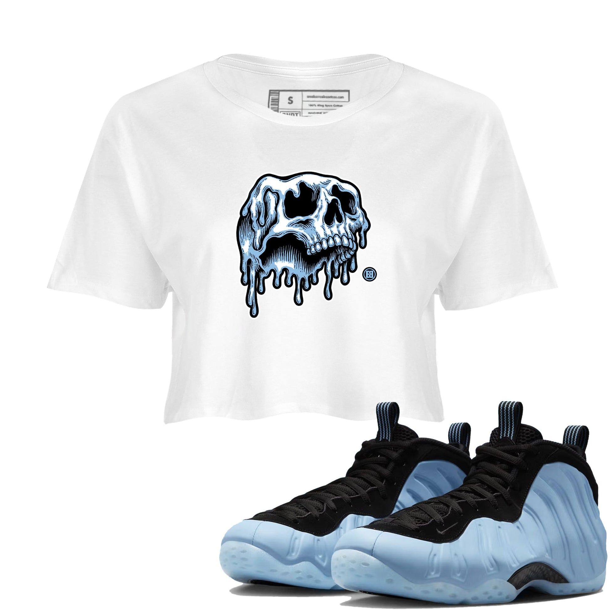 Drip Skull womens crop tee made to vibe with the Air Foamposite One Psychic Blue sneakers — the perfect match in White 1.