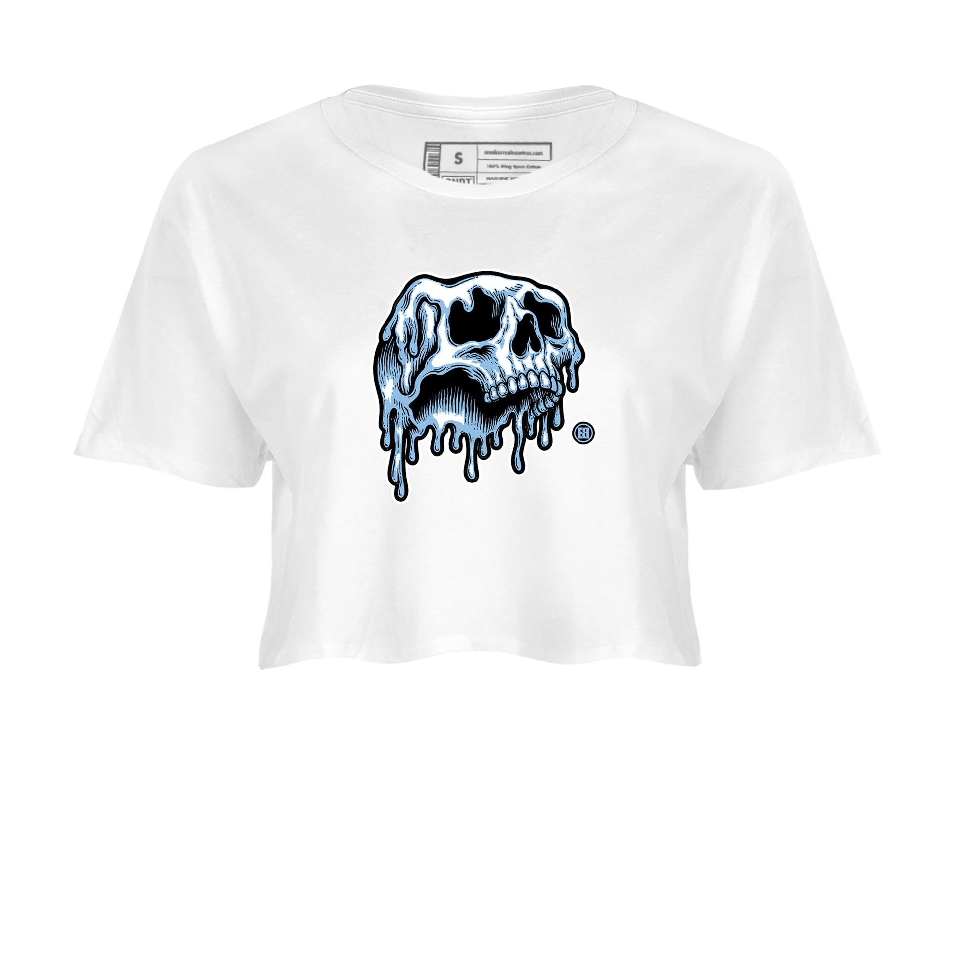 Drip Skull womens crop tee made to vibe with the Air Foamposite One Psychic Blue sneakers — the perfect match in White 2.