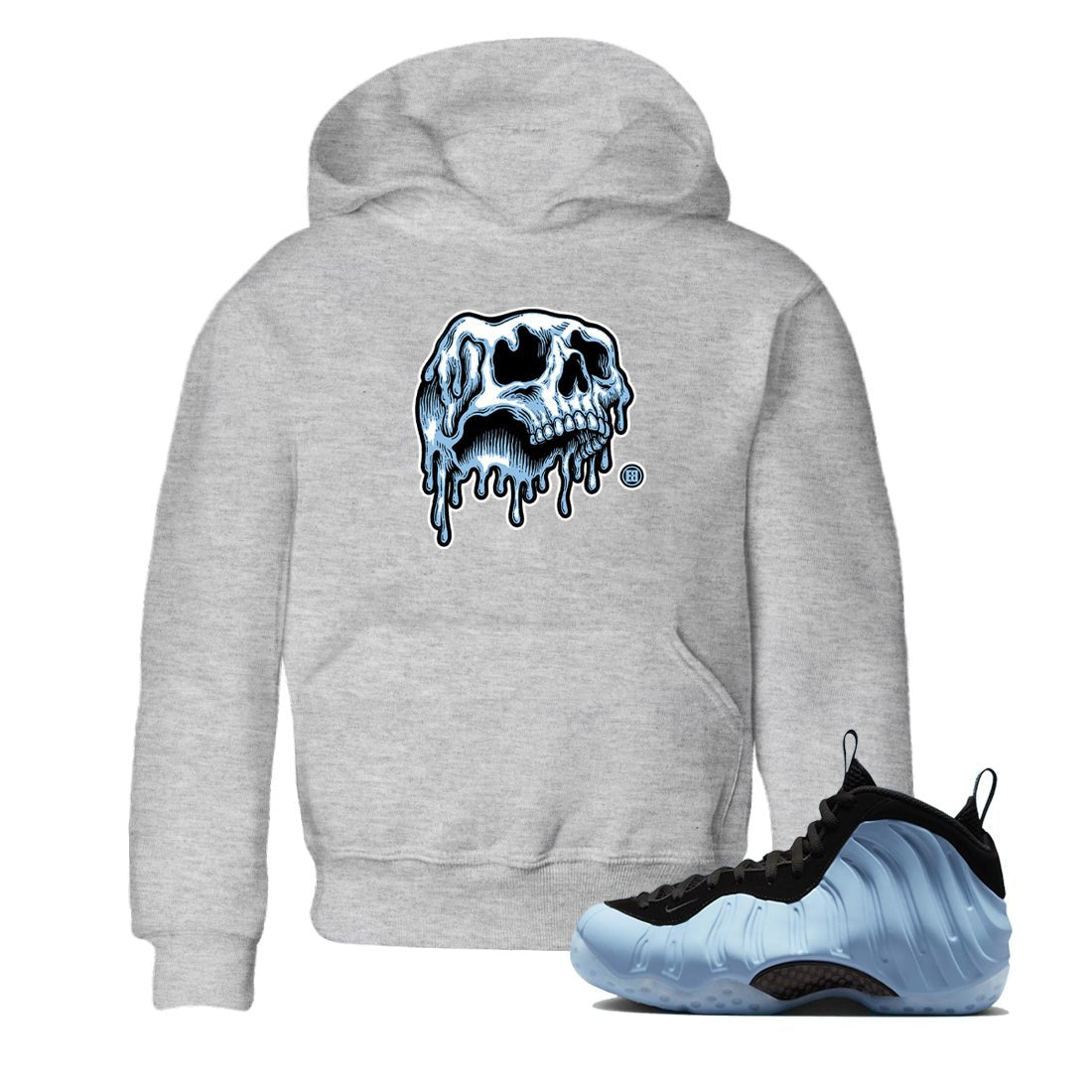 Drip Skull baby and kids t-shirt crafted for little sneakerheads to shine with the Air Foamposite One Psychic Blue sneakers, displayed in Heather Grey 1.