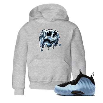 Drip Skull baby and kids t-shirt crafted for little sneakerheads to shine with the Air Foamposite One Psychic Blue sneakers, displayed in Heather Grey 1.