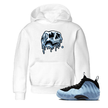 Drip Skull baby and kids t-shirt crafted for little sneakerheads to shine with the Air Foamposite One Psychic Blue sneakers, displayed in White 1.