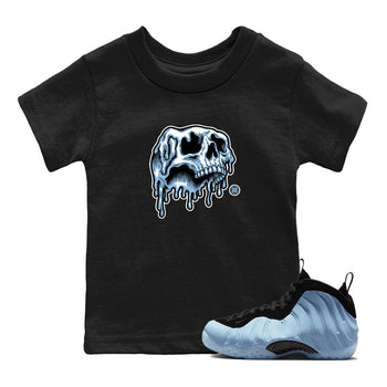 Drip Skull baby and kids t-shirt crafted for little sneakerheads to shine with the Air Foamposite One Psychic Blue sneakers, displayed in Black 1.