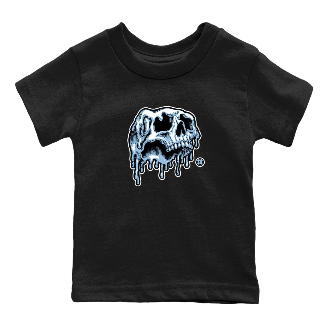 Drip Skull baby and kids t-shirt crafted for little sneakerheads to shine with the Air Foamposite One Psychic Blue sneakers, displayed in Black 2.