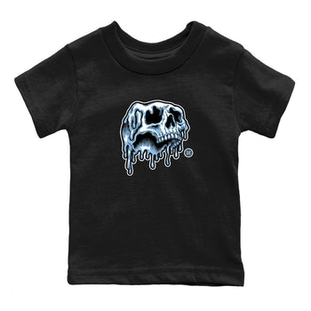Drip Skull baby and kids t-shirt crafted for little sneakerheads to shine with the Air Foamposite One Psychic Blue sneakers, displayed in Black 2.