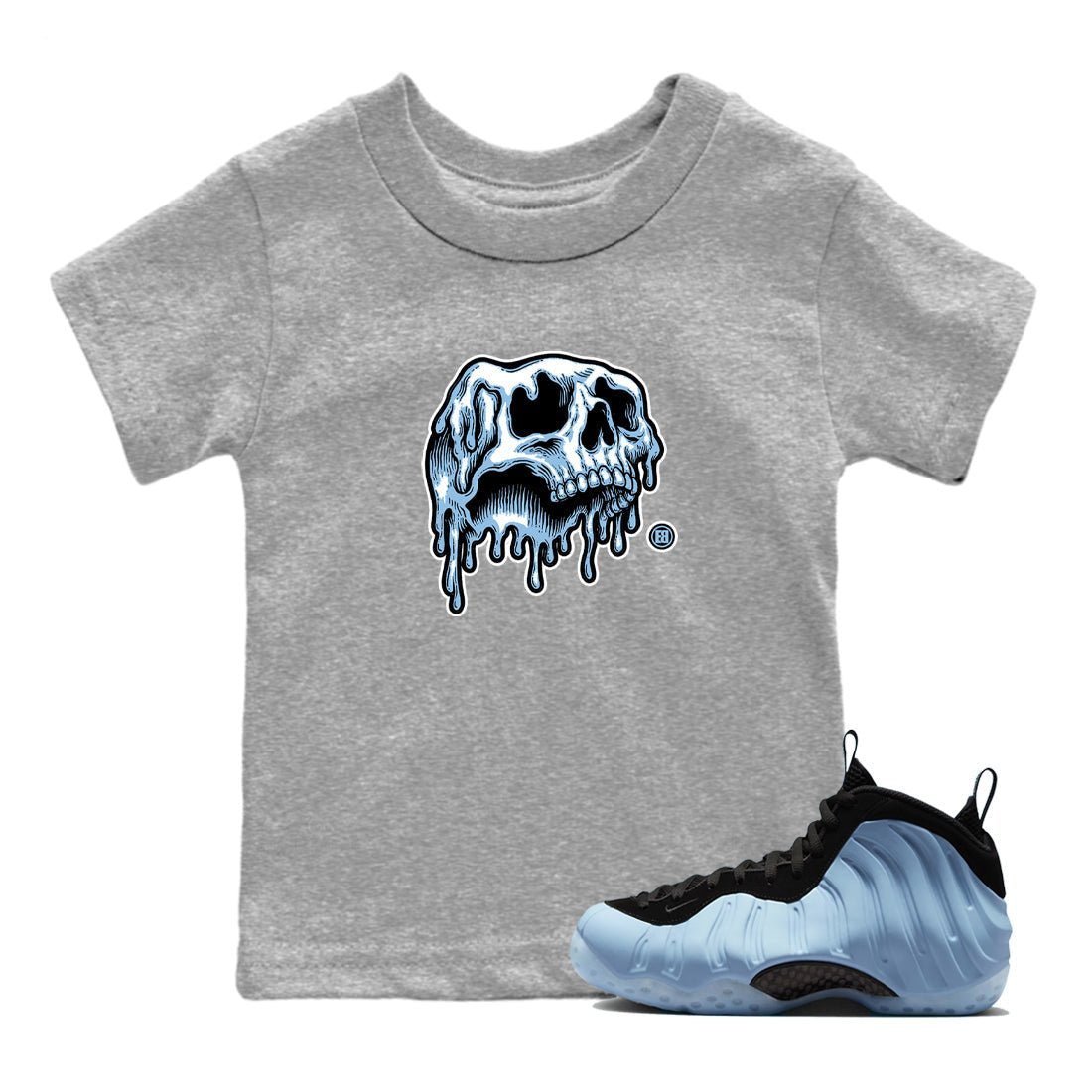 Drip Skull baby and kids t-shirt crafted for little sneakerheads to shine with the Air Foamposite One Psychic Blue sneakers, displayed in Heather Grey 1.