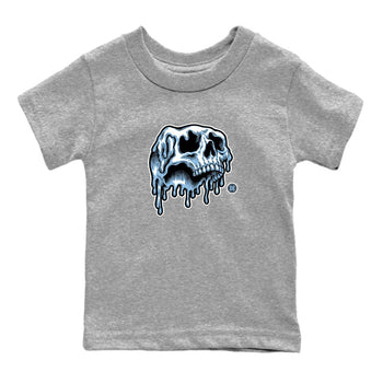 Drip Skull baby and kids t-shirt crafted for little sneakerheads to shine with the Air Foamposite One Psychic Blue sneakers, displayed in Heather Grey 2.