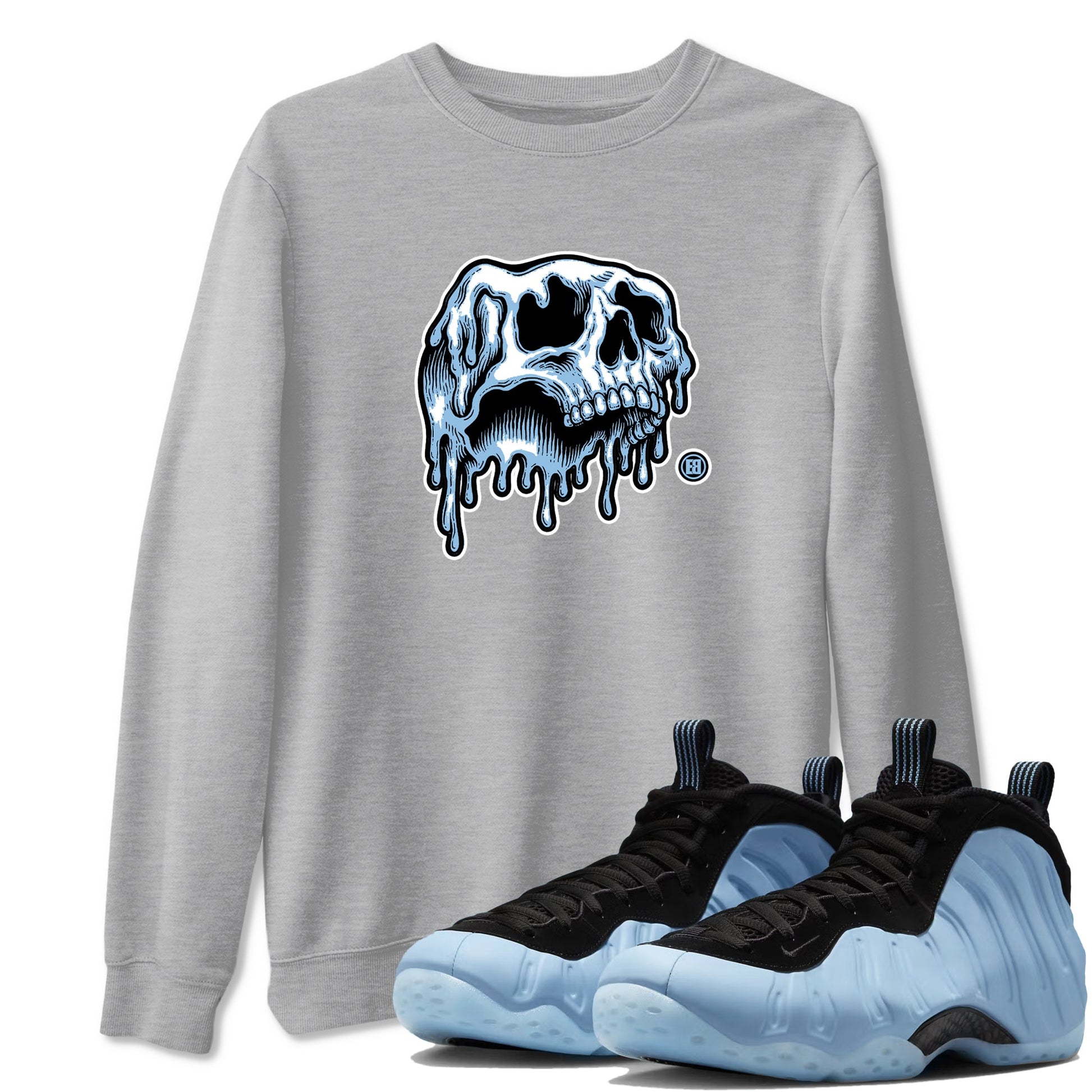 Drip Skull sneaker match t-shirt styled to complete your fit with the Air Foamposite One Psychic Blue sneakers, shown in Heather Grey 1.