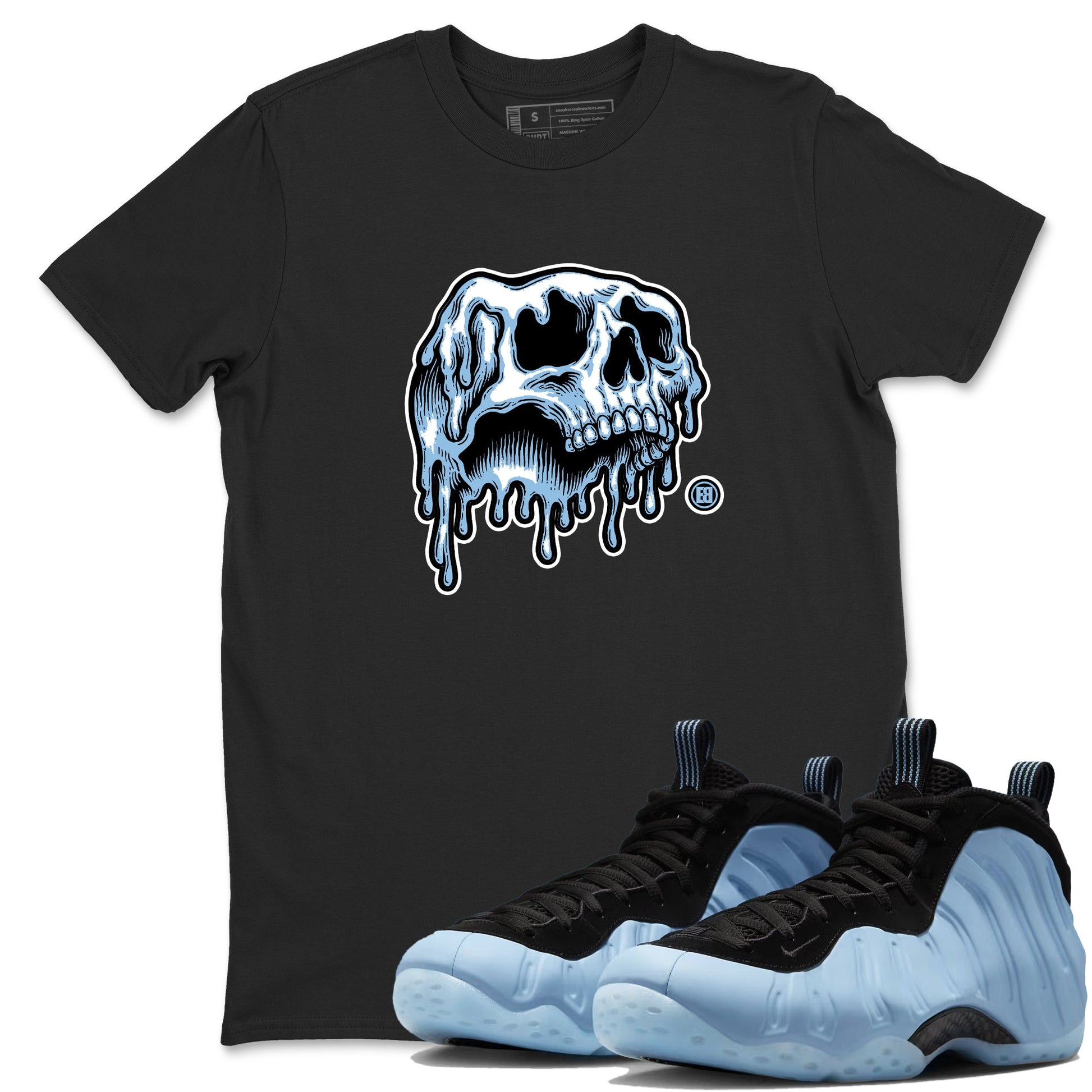 Drip Skull sneaker match t-shirt styled to complete your fit with the Air Foamposite One Psychic Blue sneakers, shown in Black 1.