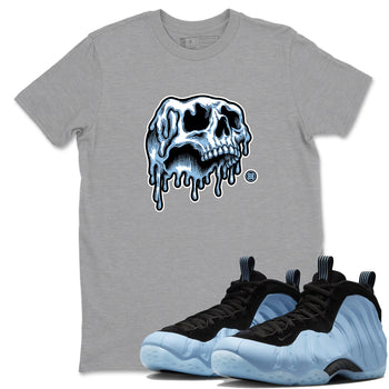 Drip Skull sneaker match t-shirt styled to complete your fit with the Air Foamposite One Psychic Blue sneakers, shown in Heather Grey 1.