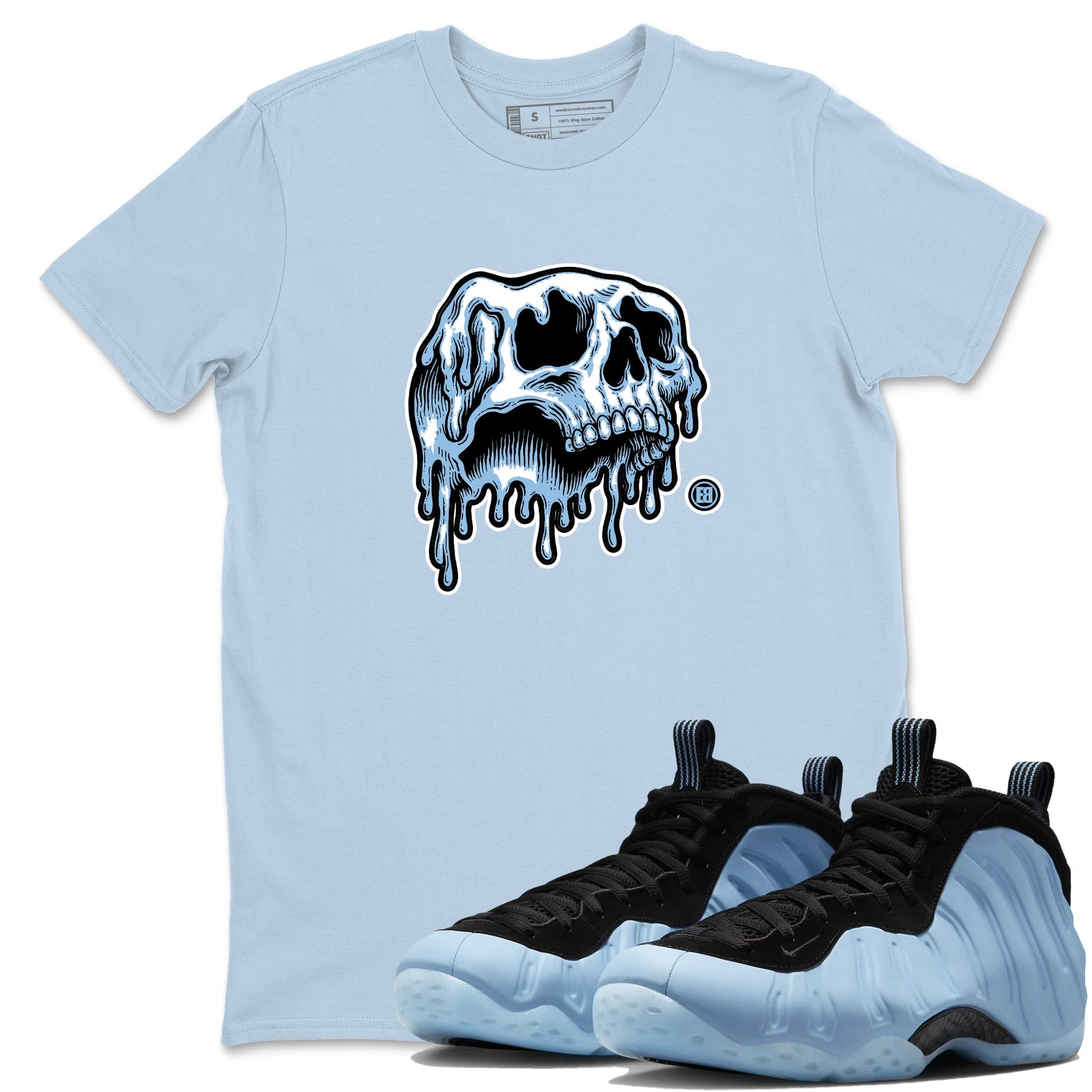 Drip Skull sneaker match t-shirt styled to complete your fit with the Air Foamposite One Psychic Blue sneakers, shown in Light Blue 1.