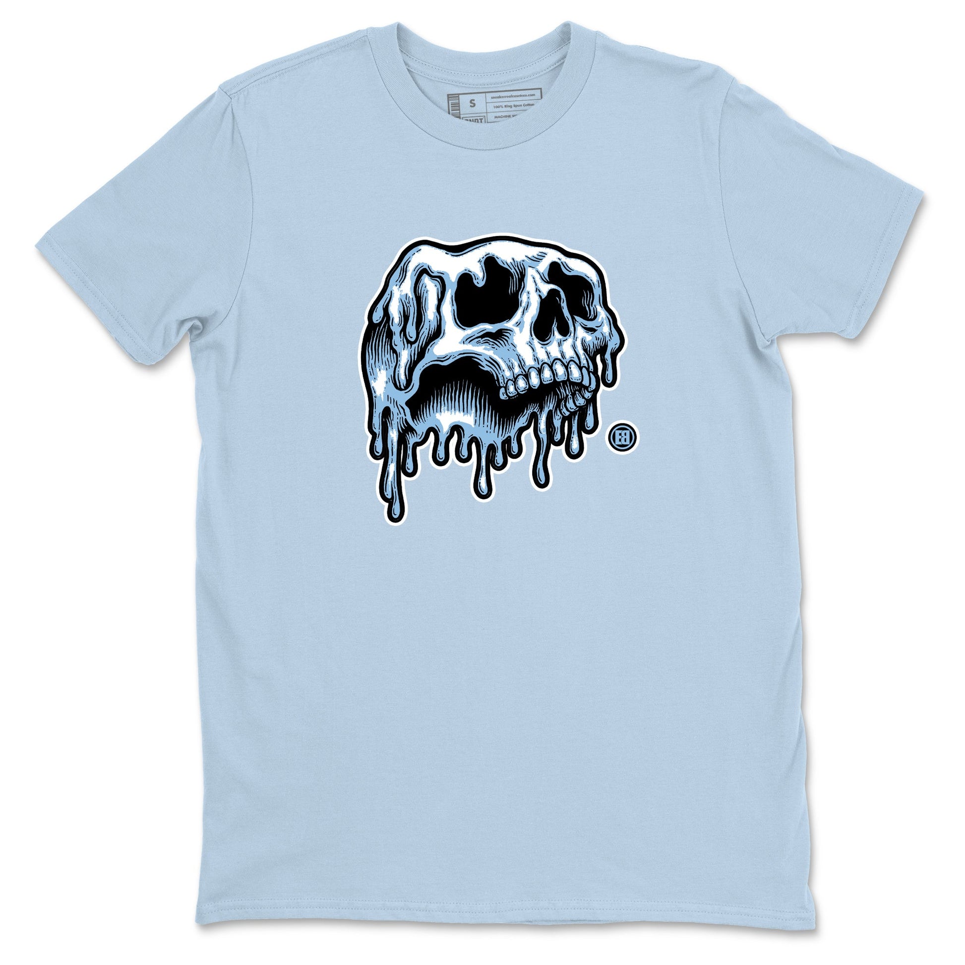 Drip Skull sneaker match t-shirt styled to complete your fit with the Air Foamposite One Psychic Blue sneakers, shown in Light Blue 2.
