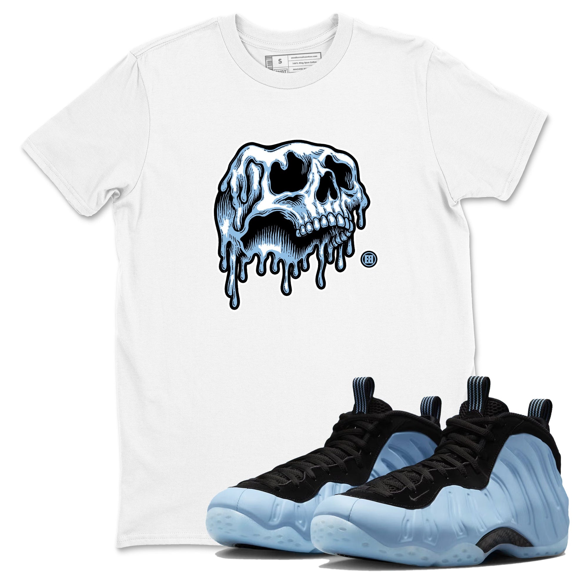 Drip Skull sneaker match t-shirt styled to complete your fit with the Air Foamposite One Psychic Blue sneakers, shown in White 1.
