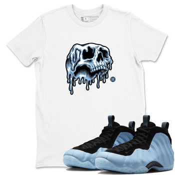 Drip Skull sneaker match t-shirt styled to complete your fit with the Air Foamposite One Psychic Blue sneakers, shown in White 1.