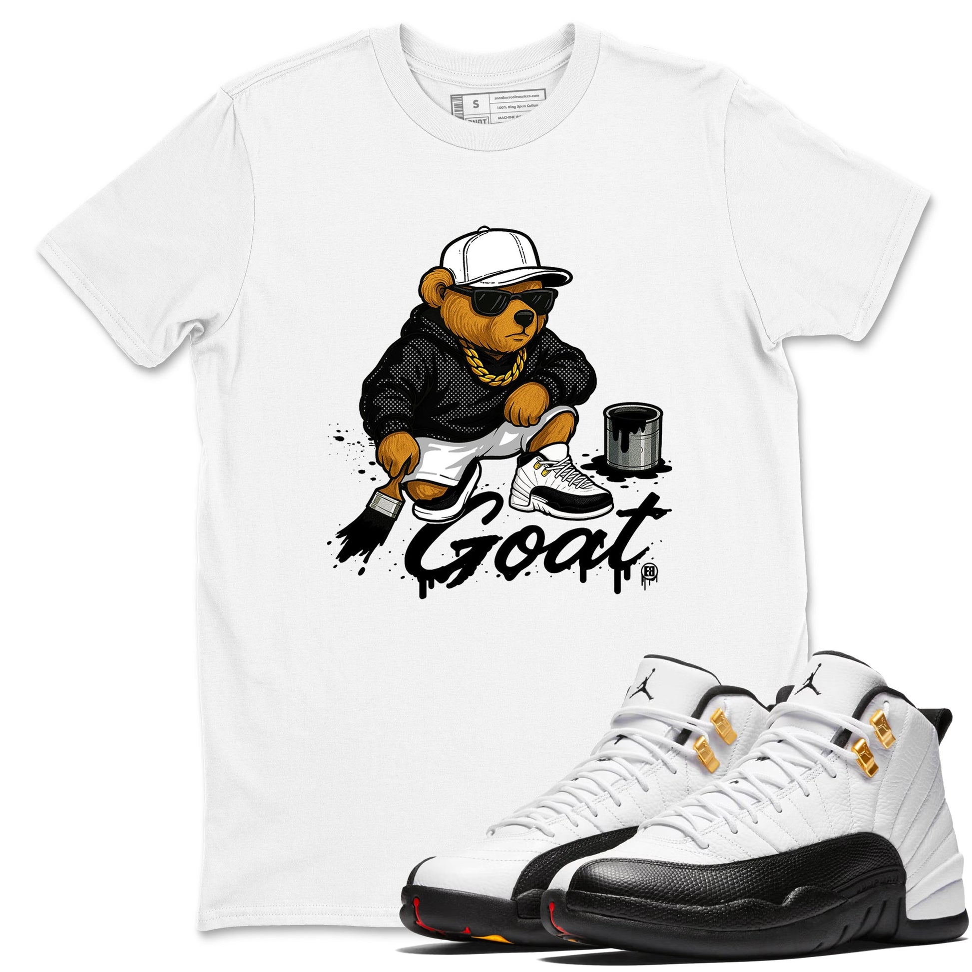 Sneaker match tees – Sneaker Tees To Match Air Jordan 12 Taxi Shoes – Drip The GOAT Tee White 1