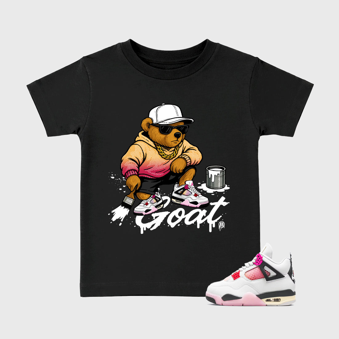 Drip the GOAT Baby & Kids Graphic T-Shirt featuring original artwork designed to match the Air Jordan 4 Comic. Black 1 Kids Graphic Tee.