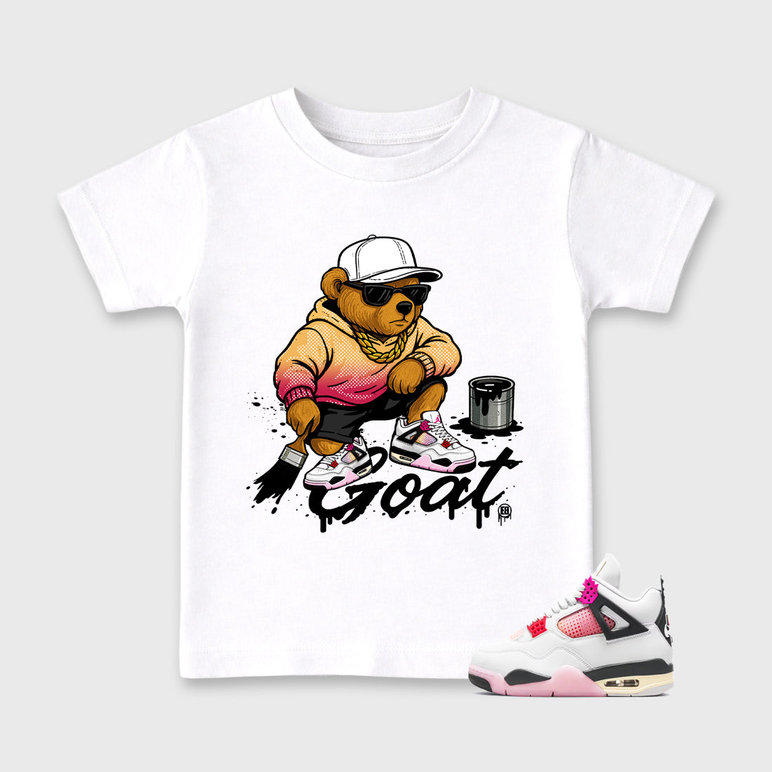 Drip the GOAT Baby & Kids Graphic T-Shirt featuring original artwork designed to match the Air Jordan 4 Comic. White 1 Kids Graphic Tee.