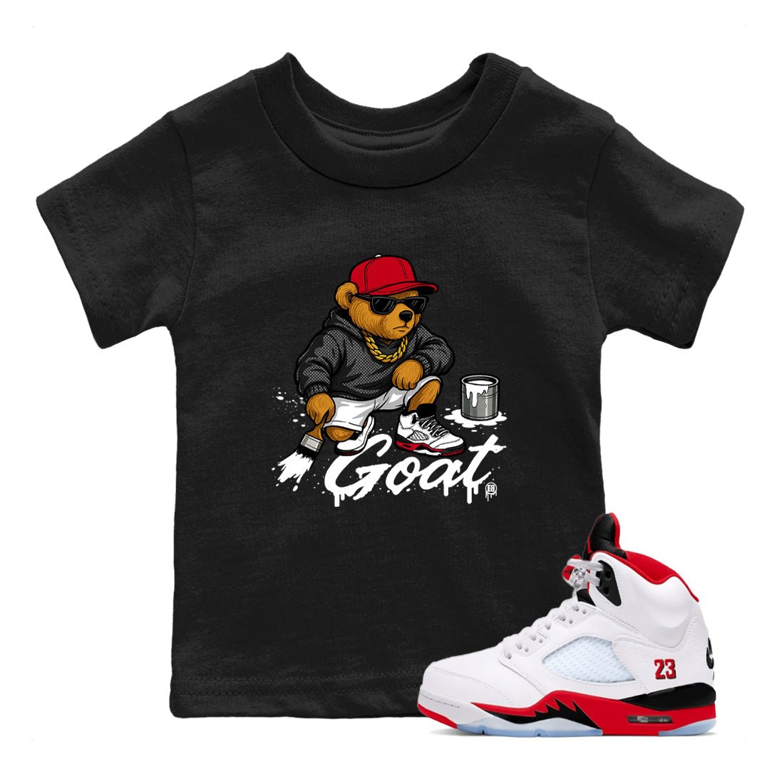 Drip The GOAT baby and kids t-shirt crafted for little sneakerheads to shine with the Jordan 5 Retro Fire Red sneakers, displayed in Black 1.