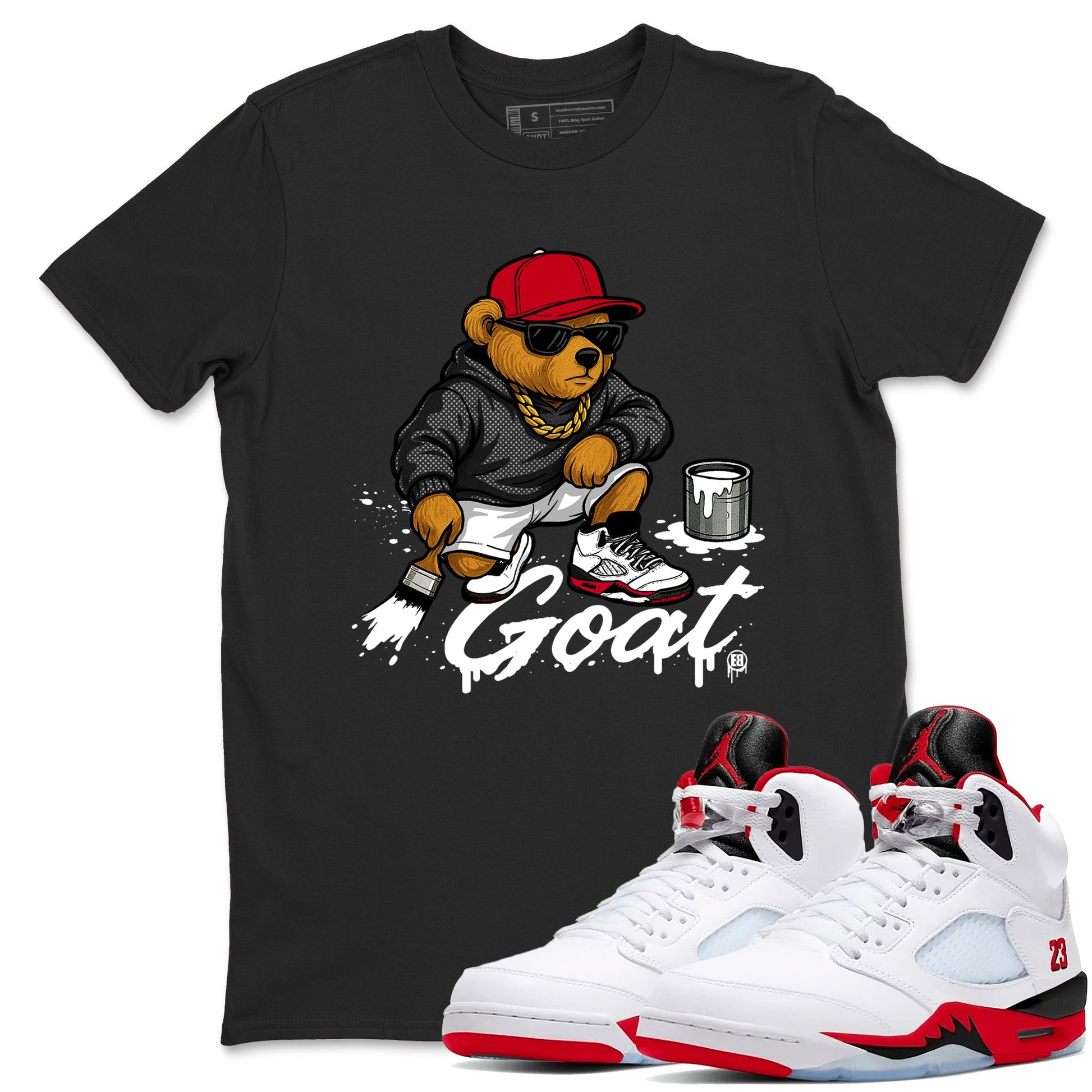 Drip The GOAT sneaker match t-shirt t-shirts to match jordans, dunks, yeezys Jordan 5 Retro Fire Red sneakers, shown in Black 1.