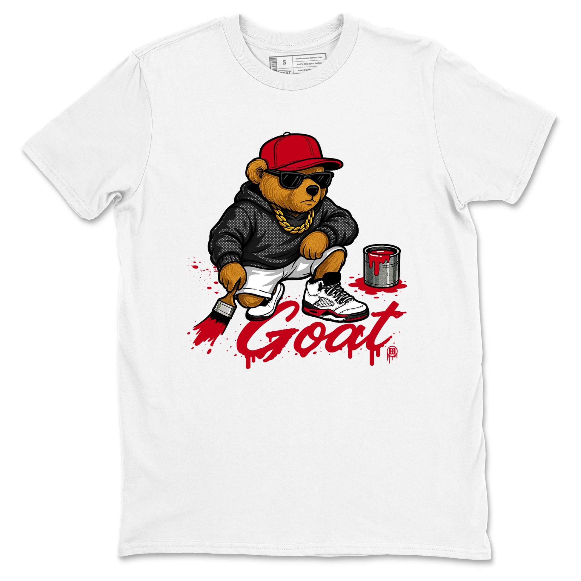 Drip The GOAT sneaker match t-shirt t-shirts to match jordans, dunks, yeezys Jordan 5 Retro Fire Red sneakers, shown in White 2.