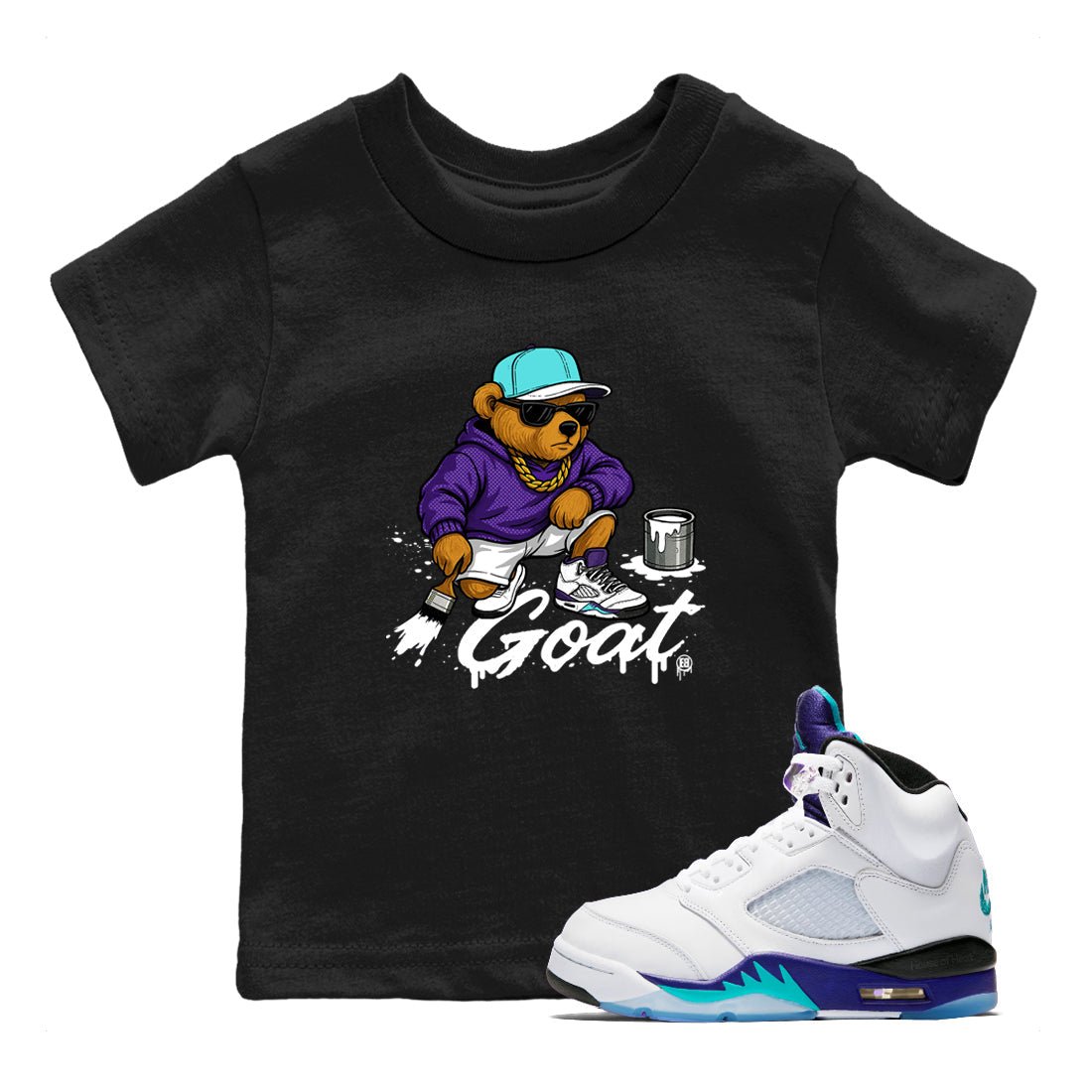 Drip The GOAT baby and kids t-shirt crafted for little sneakerheads to shine with the Jordan 5 Retro Grape sneakers, displayed in Black 1.