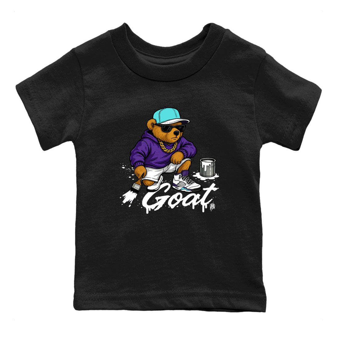 Drip The GOAT baby and kids t-shirt crafted for little sneakerheads to shine with the Jordan 5 Retro Grape sneakers, displayed in Black 2.