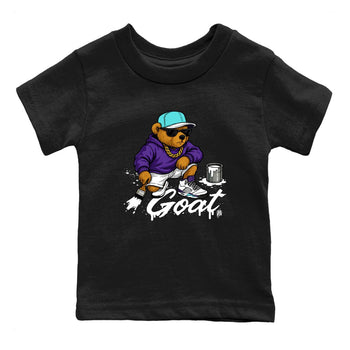 Drip The GOAT baby and kids t-shirt crafted for little sneakerheads to shine with the Jordan 5 Retro Grape sneakers, displayed in Black 2.