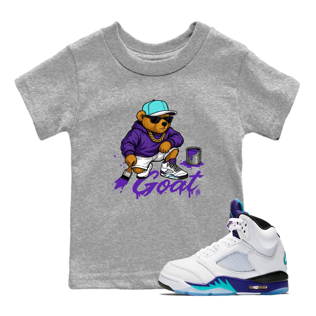 Drip The GOAT baby and kids t-shirt crafted for little sneakerheads to shine with the Jordan 5 Retro Grape sneakers, displayed in Heather Grey 1.