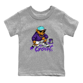 Drip The GOAT baby and kids t-shirt crafted for little sneakerheads to shine with the Jordan 5 Retro Grape sneakers, displayed in Heather Grey 2.