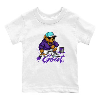 Drip The GOAT baby and kids t-shirt crafted for little sneakerheads to shine with the Jordan 5 Retro Grape sneakers, displayed in White 2.