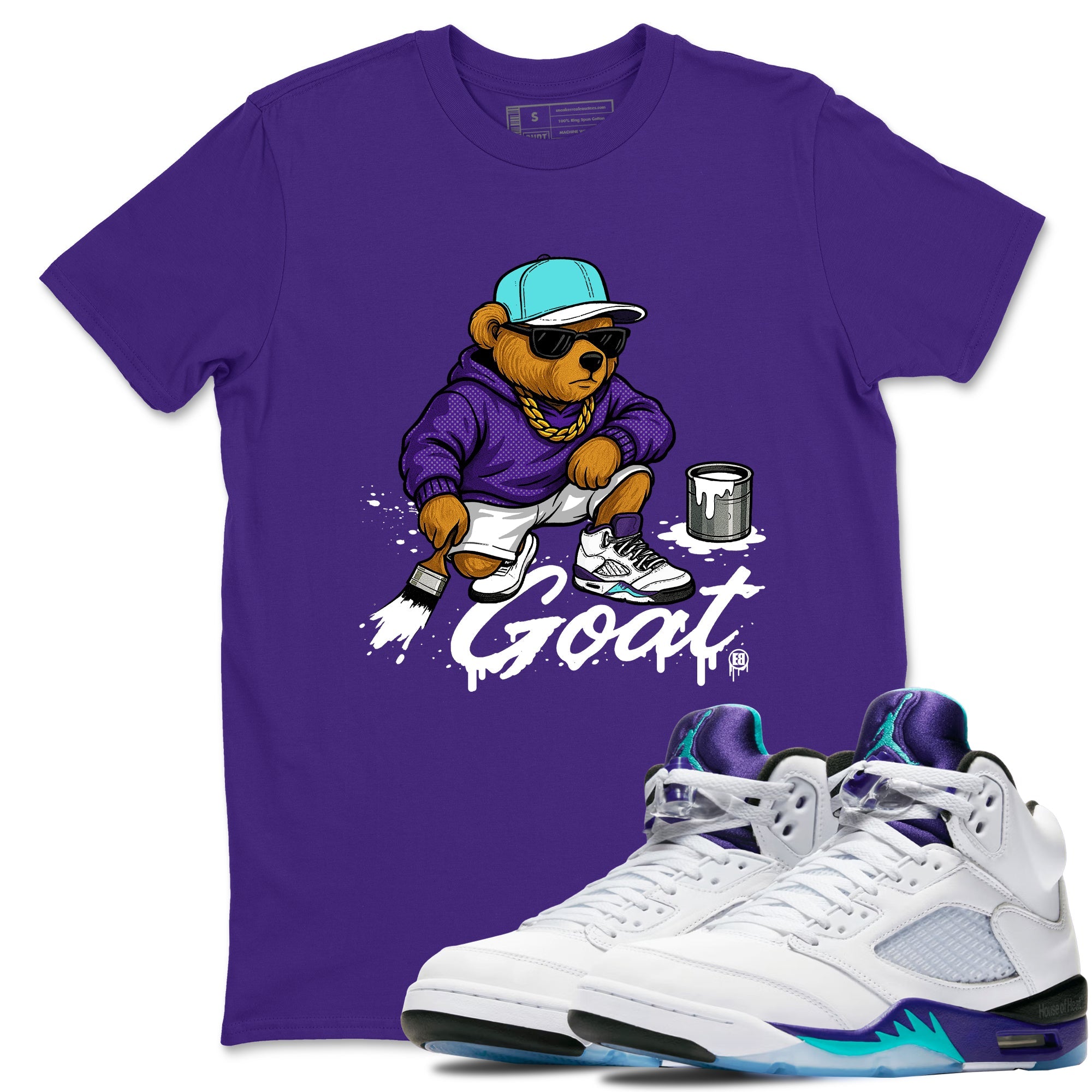 Drip The GOAT sneaker match t-shirt t-shirts to match jordans, dunks, yeezys Jordan 5 Retro Grape sneakers, shown in Purple 1.