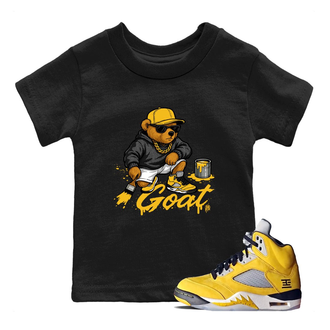 Drip The GOAT baby and kids t-shirt crafted for little sneakerheads to shine with the 5s Tokyo sneakers, displayed in Black 1.